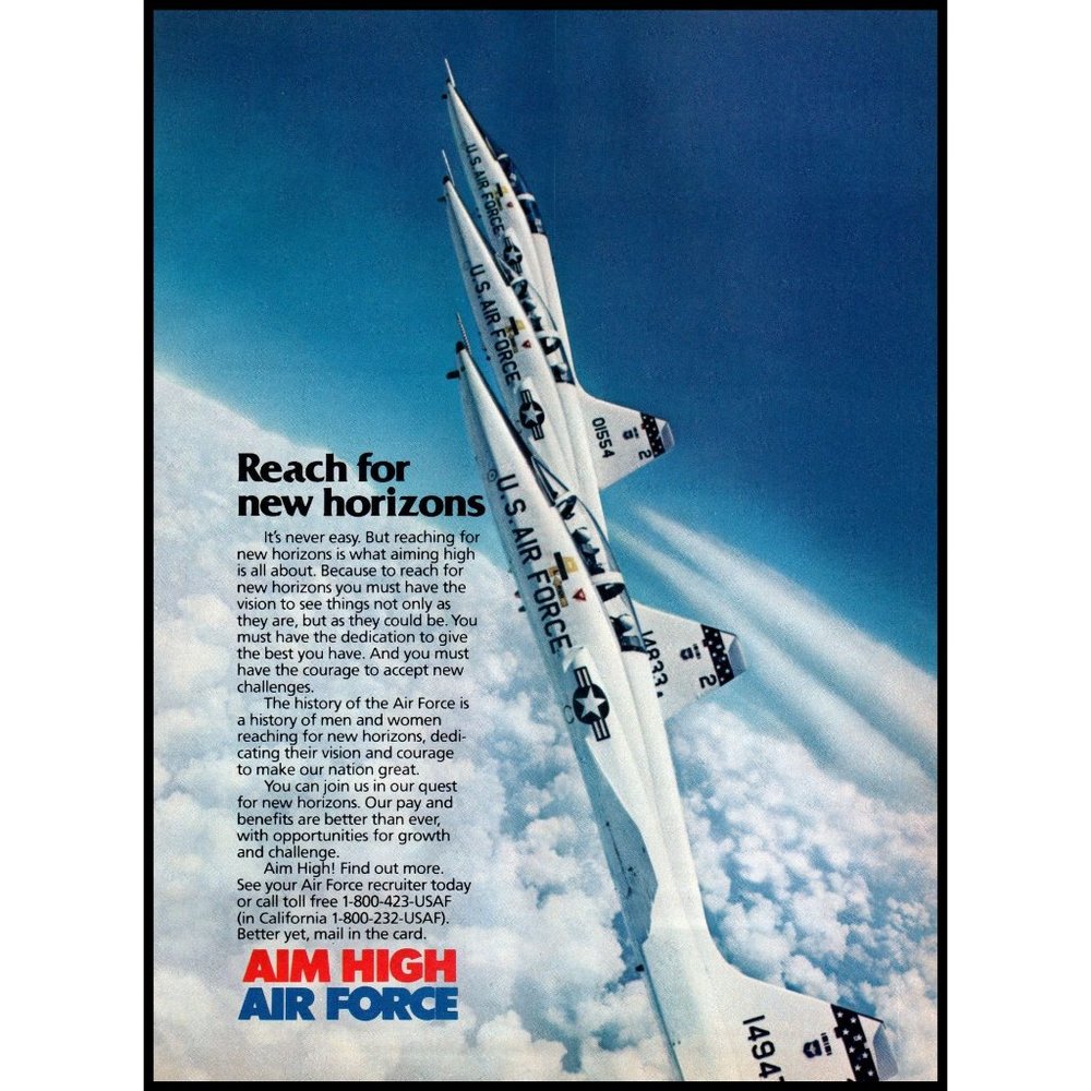 1985 United States Air Force Recruiting Vintage Print Ad USAF Jets Clouds Decor